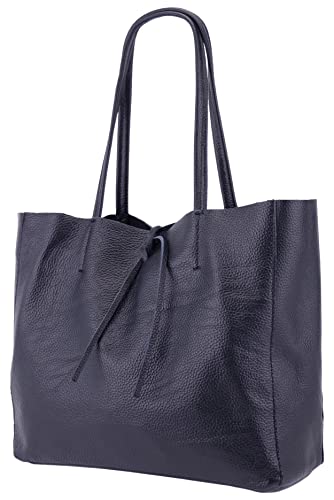 SH Leder ® Damen Echt Rindleder Shopper in Querformat mit Innentasche in vielen Farben Schultertasche Henkeltasche 30x37cm Maja G514 (Dunkelblau) von SH Leder