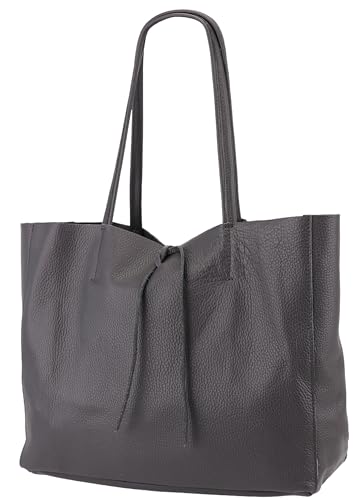 SH Leder ® Damen Echt Rindleder Shopper in Querformat mit Innentasche in vielen Farben Schultertasche Henkeltasche 30x37cm Maja G514 (Dunkelgrau) von SH Leder