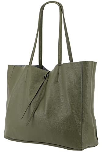 SH Leder ® Damen Echt Rindleder Shopper in Querformat mit Innentasche in vielen Farben Schultertasche Henkeltasche 30x37cm Maja G514 (Olivgrün) von SH Leder