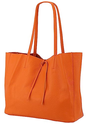 SH Leder ® Damen Echt Rindleder Shopper in Querformat mit Innentasche in vielen Farben Schultertasche Henkeltasche 30x37cm Maja G514 (Orange) von SH Leder