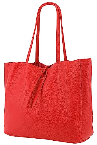 SH Leder ® Damen Echt Rindleder Shopper in Querformat mit Innentasche in vielen Farben Schultertasche Henkeltasche 30x37cm Maja G514 (Rot) von SH Leder