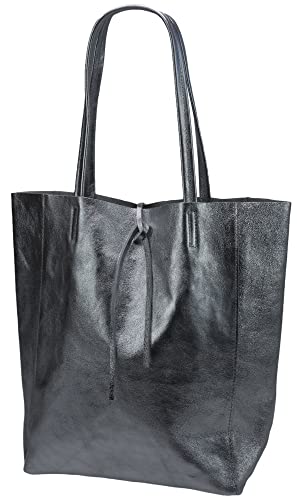 SH Leder ® Damen Echt Rindleder Shopper mit Innentasche in vielen Farben Schultertasche Henkeltasche 37x29cm Kora G266 (Anthrazit Metallic) von SH Leder