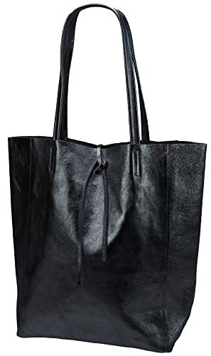 SH Leder ® Damen Echt Rindleder Shopper mit Innentasche in vielen Farben Schultertasche Henkeltasche 37x29cm Kora G266 (Schwarz Metallic) von SH Leder