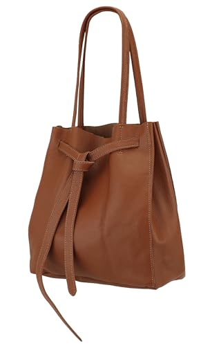 SH Leder ® Damen Echt Rindleder Shopper mit schleife und Innentasche in vielen Farben Schultertasche Henkeltasche 29x33cm Sandra G535 (Cognac) von SH Leder