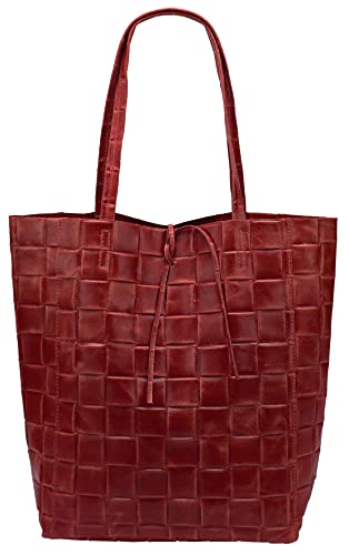 SH Leder ® Damen Echtleder Shopper in geflochtene print mit Innentasche in vielen Farben Schultertasche Henkeltasche 37x29cm Kamilla G267 (Dunkelrot) von SH Leder