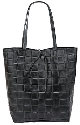 SH Leder ® Damen Echtleder Shopper in geflochtene print mit Innentasche in vielen Farben Schultertasche Henkeltasche 37x29cm Kamilla G267 (Schwarz) von SH Leder