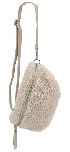 SH Leder ® Teddy Plüsch Hüfttasche Damen Gürteltasche für Festival Reise Bauchtasche mittelgroße Crossbody Bag Frauen mit echt Leder Schultergurt 27x16cm Kate G358 (Beige/Silber Zipper, M) von SH Leder