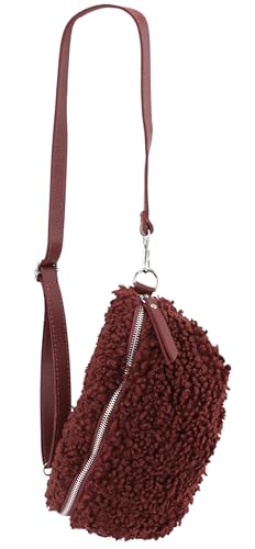 SH Leder ® Teddy Plüsch Hüfttasche Damen Gürteltasche für Festival Reise Bauchtasche mittelgroße Crossbody Bag Frauen mit echt Leder Schultergurt 27x16cm Kate G358 (Dunkelrot, Mittelgroße) von SH Leder