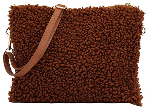 SH Leder ® Teddy Plüsch Umhängetasche Clutch Alltag Tasche Abendtasche mit echt Leder Schultergurt 22x15cm Ariane G388 (Braun) von SH Leder