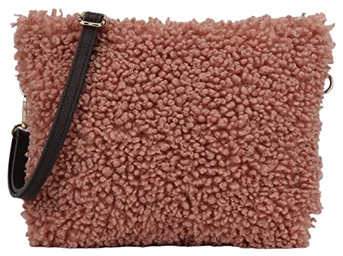 SH Leder ® Teddy Plüsch Umhängetasche Clutch Alltag Tasche Abendtasche mit echt Leder Schultergurt 22x15cm Ariane G388 (Nude-Rosa) von SH Leder