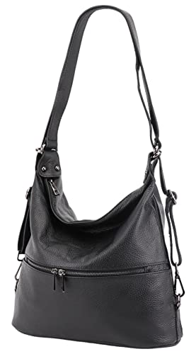 SH Leder 2in1 Handtasche Rucksack Damen Schultertasche DayPack CityRucksack aus Echt genarbt Leder (B 33cm x H 32cm xT 12,5cm) Bina G677 (Schwarz) von SH Leder