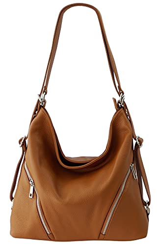 SH Leder 2in1 Handtasche Rucksack Damen Schultertasche DayPack CityRucksack aus Echt genarbt Leder (B 35cm x H 34cm xT 12cm) Sara G689 (Dunkel Cognac) von SH Leder