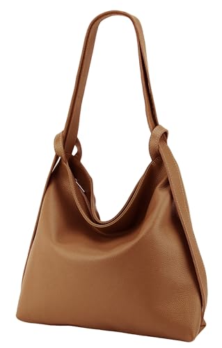 SH Leder 2in1 Handtasche Rucksack Damen Schultertasche DayPack CityRucksack aus Echt genarbt Leder (B 37cm x H 35cm) Rica G699 (Cognac) von SH Leder