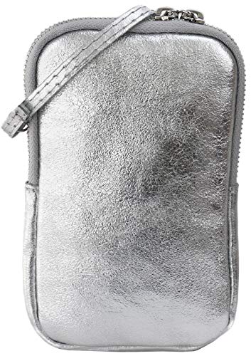 SH Leder Damen Echtleder Handytasche Umhängetasche Geldbörse Multifunktion Beutel Mini Bote Abnehmbar Verstellbar Schultergurt Handy bis 6,8 Zoll 11x18cm Jana G269 (Silber) von SH Leder