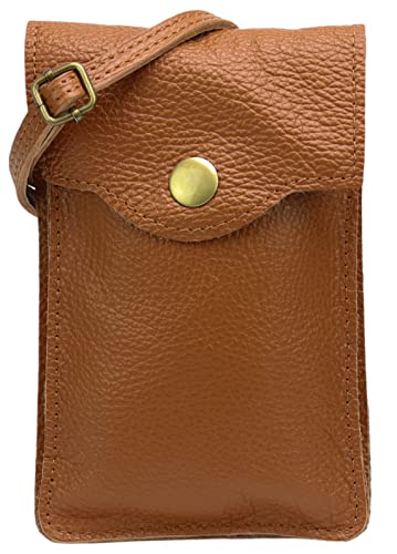 SH Leder Damen Handytasche Umhängetasche Geldbörse Multifunktion Beutel Schultertasche aus Echtleder Verstellbar Schultergurt Handy bis 6.8 Zoll 12x19cm ADA G3282 (Cognac) von SH Leder