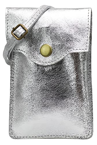 SH Leder Damen Handytasche Umhängetasche Geldbörse Multifunktion Beutel Schultertasche aus Echtleder Verstellbar Schultergurt Handy bis 6.8 Zoll 12x19cm ADA G3282 (Silber) von SH Leder