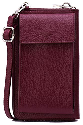 SH Leder Damen Handytasche Umhängetasche Geldbörse Multifunktion Beutel aus Echtleder Verstellbar Schultergurt Handy bis 6,5 Zoll 11,50x19cm Sarah G339 (Bordeaux) von SH Leder