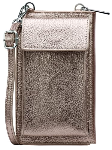 SH Leder Damen Handytasche Umhängetasche Geldbörse Multifunktion Beutel aus Echtleder Verstellbar Schultergurt Handy bis 6,5 Zoll 11,50x19cm Sarah G339 (Bronze Metallic) von SH Leder