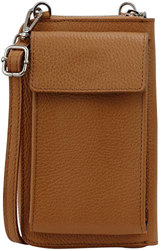 SH Leder Damen Handytasche Umhängetasche Geldbörse Multifunktion Beutel aus Echtleder Verstellbar Schultergurt Handy bis 6,5 Zoll 11,50x19cm Sarah G339 (Cognac) von SH Leder