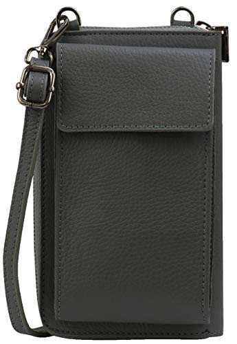 SH Leder Damen Handytasche Umhängetasche Geldbörse Multifunktion Beutel aus Echtleder Verstellbar Schultergurt Handy bis 6,5 Zoll 11,50x19cm Sarah G339 (Dunkelgrau) von SH Leder