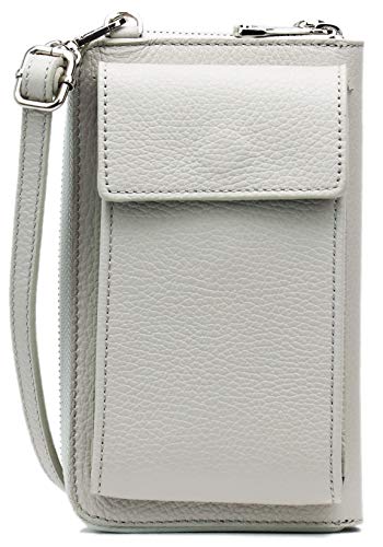 SH Leder Damen Handytasche Umhängetasche Geldbörse Multifunktion Beutel aus Echtleder Verstellbar Schultergurt Handy bis 6,8 Zoll 11,50x19cm Sarah G339 (Lichtgrau) von SH Leder