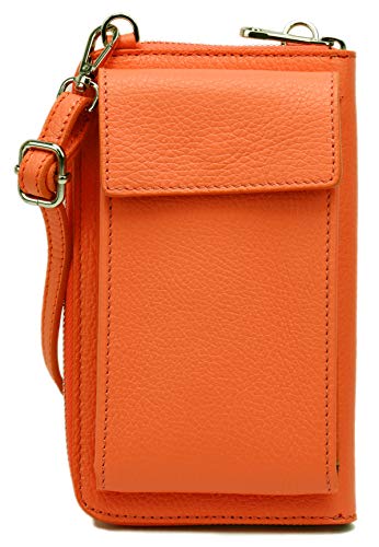 SH Leder Damen Handytasche Umhängetasche Geldbörse Multifunktion Beutel aus Echtleder Verstellbar Schultergurt Handy bis 6,5 Zoll 11,50x19cm Sarah G339 (Orange) von SH Leder