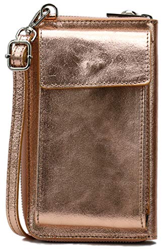 SH Leder Damen Handytasche Umhängetasche Geldbörse Multifunktion Beutel aus Echtleder Verstellbar Schultergurt Handy bis 6,5 Zoll 11,50x19cm Sarah G339 (Rosegold) von SH Leder