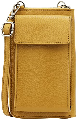 SH Leder Damen Handytasche Umhängetasche Geldbörse Multifunktion Beutel aus Echtleder Verstellbar Schultergurt Handy bis 6,5 Zoll 11,50x19cm Sarah G339 (Signalgelb) von SH Leder