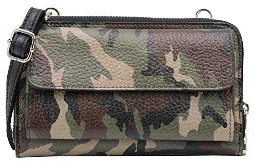 SH Leder Damen Handytasche Umhängetasche Geldbörse Multifunktion Beutel aus Echtleder Verstellbar Schultergurt Handy bis 6,7 Zoll 11,50x19cm Vera G368 (Camouflage) von SH Leder