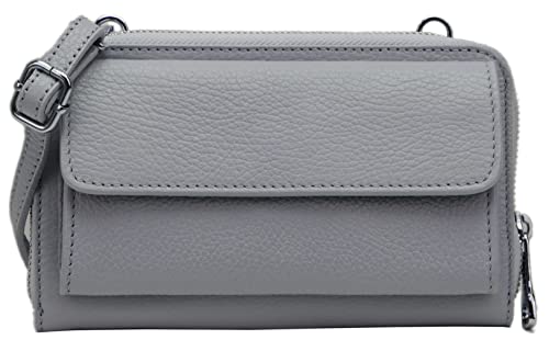 SH Leder Damen Handytasche Umhängetasche Geldbörse Multifunktion Beutel aus Echtleder Verstellbar Schultergurt Handy bis 6,7 Zoll 11,50x19cm Vera G368 (Fenstergrau) von SH Leder