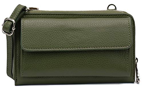 SH Leder Damen Handytasche Umhängetasche Geldbörse Multifunktion Beutel aus Echtleder Verstellbar Schultergurt Handy bis 6,7 Zoll 11,50x19cm Vera G368 (Olivgrün) von SH Leder