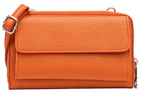 SH Leder Damen Handytasche Umhängetasche Geldbörse Multifunktion Beutel aus Echtleder Verstellbar Schultergurt Handy bis 6,7 Zoll 11,50x19cm Vera G368 (Orange) von SH Leder