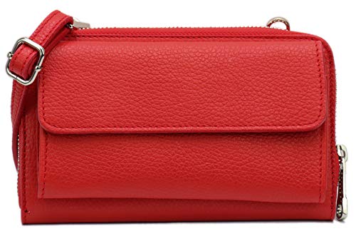 SH Leder Damen Handytasche Umhängetasche Geldbörse Multifunktion Beutel aus Echtleder Verstellbar Schultergurt Handy bis 6,7 Zoll 11,50x19cm Vera G368 (Rot) von SH Leder