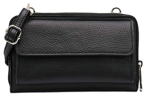 SH Leder Damen Handytasche Umhängetasche Geldbörse Multifunktion Beutel aus Echtleder Verstellbar Schultergurt Handy bis 6,7 Zoll 11,50x19cm Vera G368 (Schwarz) von SH Leder