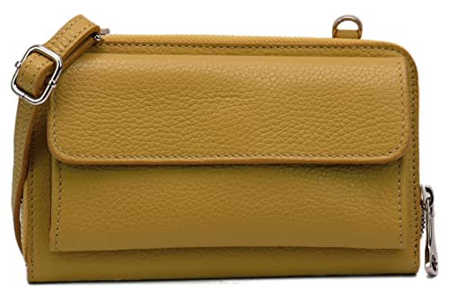 SH Leder Damen Handytasche Umhängetasche Geldbörse Multifunktion Beutel aus Echtleder Verstellbar Schultergurt Handy bis 6,8 Zoll 11,50x19cm Vera G368 (Senfgelb) von SH Leder