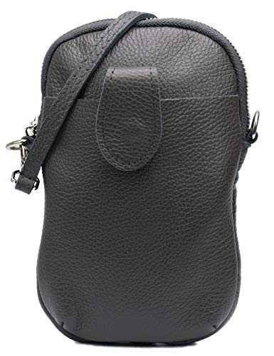 SH Leder Damen Umhängetasche Handytasche Multifunktion Geldbörse Beutel aus Echtleder Verstellbar Schultergurt Handy bis 7 Zoll 20x14cm Rose G345 (Dunkelgrau I) von SH Leder