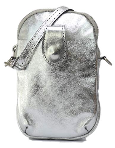 SH Leder Damen Umhängetasche Handytasche Multifunktion Geldbörse Beutel aus Echtleder Verstellbar Schultergurt Handy bis 7 Zoll 20x14cm Rose G345 (Silber) von SH Leder