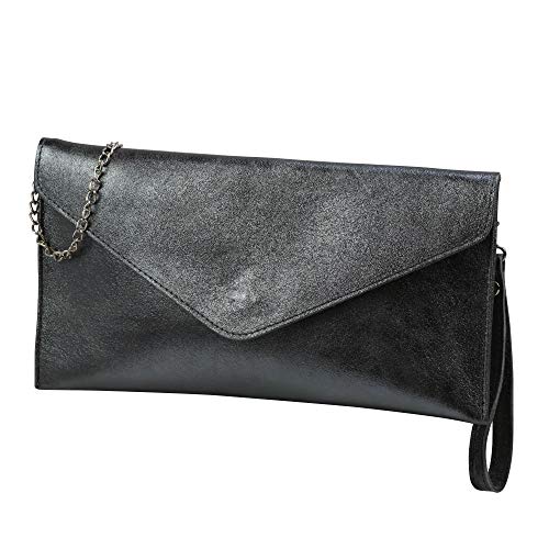 SH Leder Echtleder Clutch Umhängetasche kleine Tasche Abendtasche in Wildleder oder Metallic 31,5x16,5cm Palma G299 (Anthrazit Metallic) von SH Leder