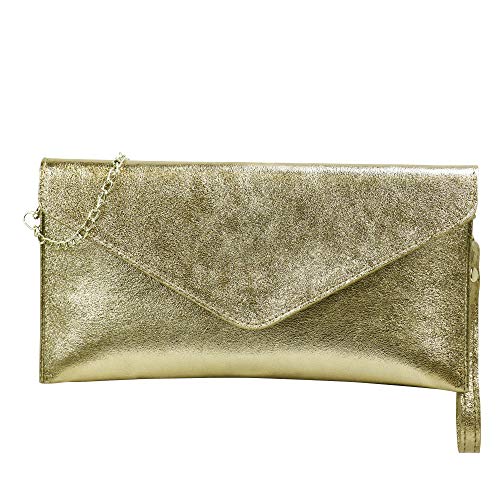 SH Leder Echtleder Clutch Umhängetasche kleine Tasche Abendtasche in Wildleder oder Metallic 31,5x16,5cm Palma G299 (Gold) von SH Leder