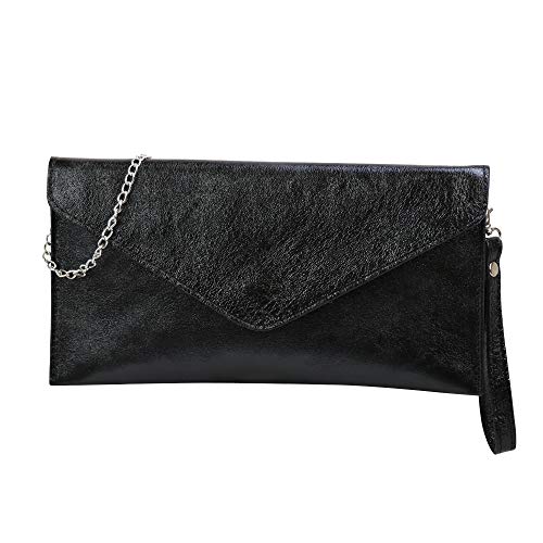 SH Leder Echtleder Clutch Umhängetasche kleine Tasche Abendtasche in Wildleder oder Metallic 31,5x16,5cm Palma G299 (Schwarz Metallic) von SH Leder