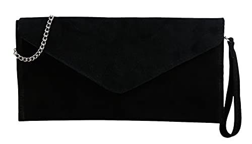 SH Leder Echtleder Clutch Umhängetasche kleine Tasche Abendtasche in Wildleder oder Metallic 31,5x16,5cm Palma G299 (Schwarz W.) von SH Leder