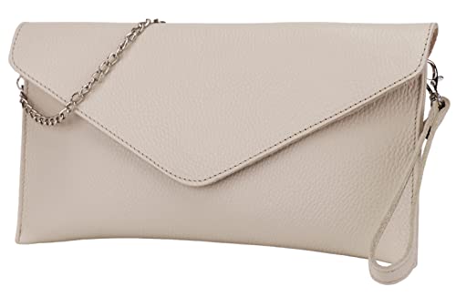 SH Leder Echtleder Clutch Umhängetasche kleine Tasche elegant Abendtasche in genarbt Rindleder mit Tragkette 31,5x16,5cm Saya G369 (Beige) von SH Leder