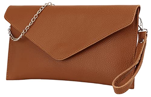 SH Leder Echtleder Clutch Umhängetasche kleine Tasche elegant Abendtasche in genarbt Rindleder mit Tragkette 31,5x16,5cm Saya G369 (Dunkel Cognac) von SH Leder