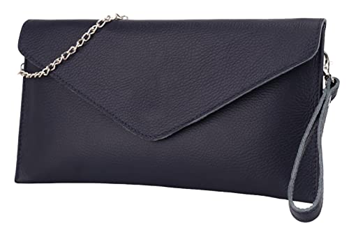 SH Leder Echtleder Clutch Umhängetasche kleine Tasche elegant Abendtasche in genarbt Rindleder mit Tragkette 31,5x16,5cm Saya G369 (Dunkelblau) von SH Leder