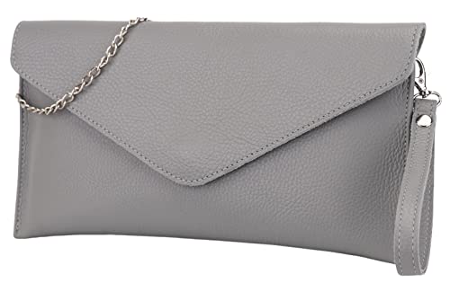 SH Leder Echtleder Clutch Umhängetasche kleine Tasche elegant Abendtasche in genarbt Rindleder mit Tragkette 31,5x16,5cm Saya G369 (Fenstergrau) von SH Leder