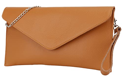 SH Leder Echtleder Clutch Umhängetasche kleine Tasche elegant Abendtasche in genarbt Rindleder mit Tragkette 31,5x16,5cm Saya G369 (Hell Cognac) von SH Leder