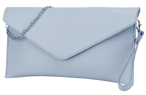 SH Leder Echtleder Clutch Umhängetasche kleine Tasche elegant Abendtasche in genarbt Rindleder mit Tragkette 31,5x16,5cm Saya G369 (Hellblau) von SH Leder