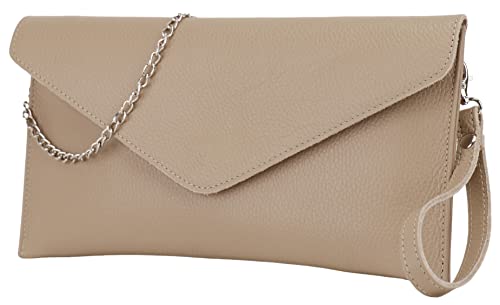 SH Leder Echtleder Clutch Umhängetasche kleine Tasche elegant Abendtasche in genarbt Rindleder mit Tragkette 31,5x16,5cm Saya G369 (Helltaupe) von SH Leder