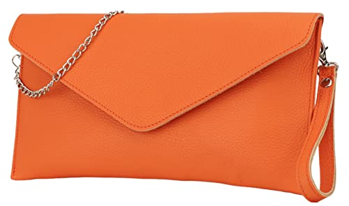 SH Leder Echtleder Clutch Umhängetasche kleine Tasche elegant Abendtasche in genarbt Rindleder mit Tragkette 31,5x16,5cm Saya G369 (Orange) von SH Leder