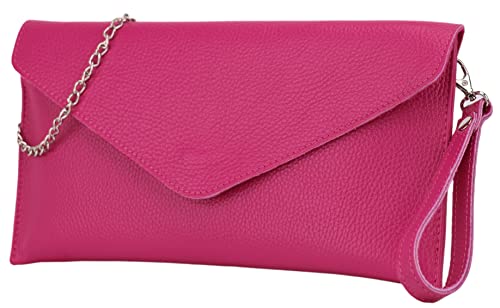 SH Leder Echtleder Clutch Umhängetasche kleine Tasche elegant Abendtasche in genarbt Rindleder mit Tragkette 31,5x16,5cm Saya G369 (Pink) von SH Leder